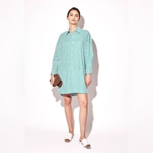 Deluc Solar Dress Green Stripe Long Sleeve  Mini Button Up Oversized Size XS